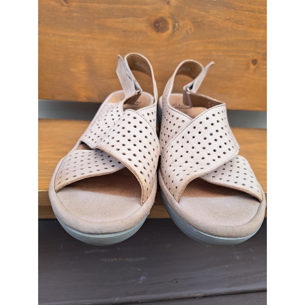 Clarks Women's Pink Wedge Sandals 8.0 Perforated Nubuck Leather Cushion Footbed - Picture 2 of 12